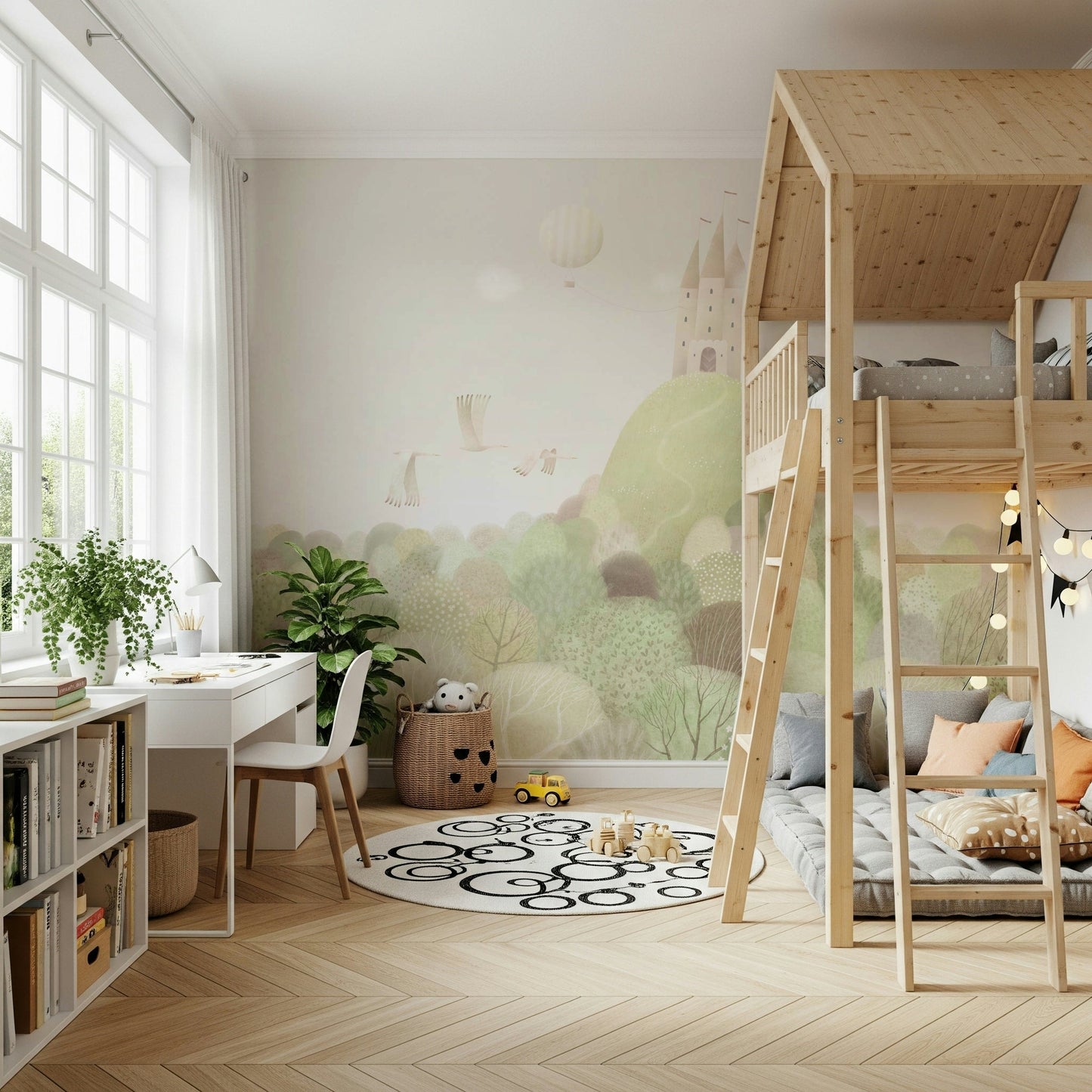 Muted green forest landscape in a child's bedroom.