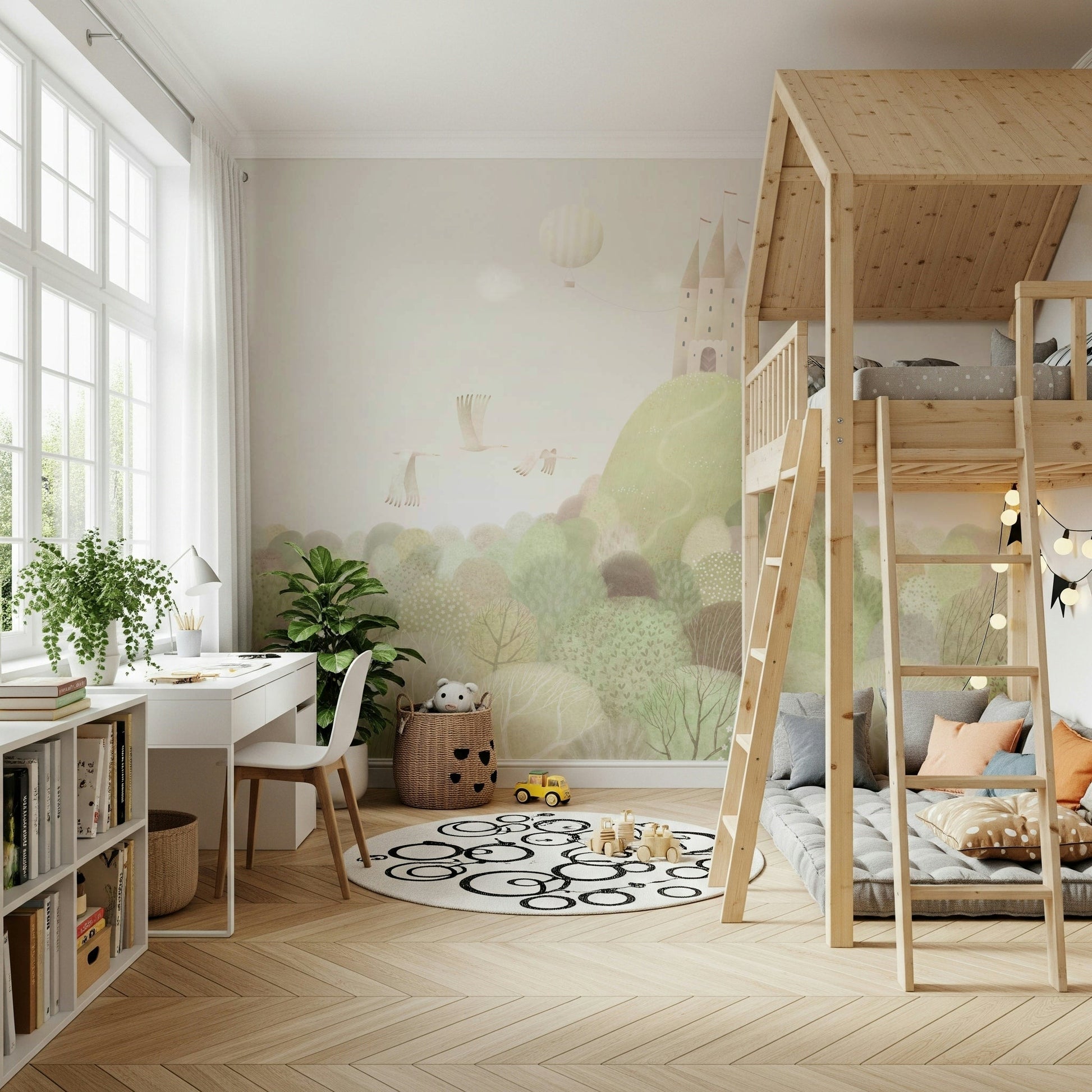 Muted green forest landscape in a child's bedroom.
