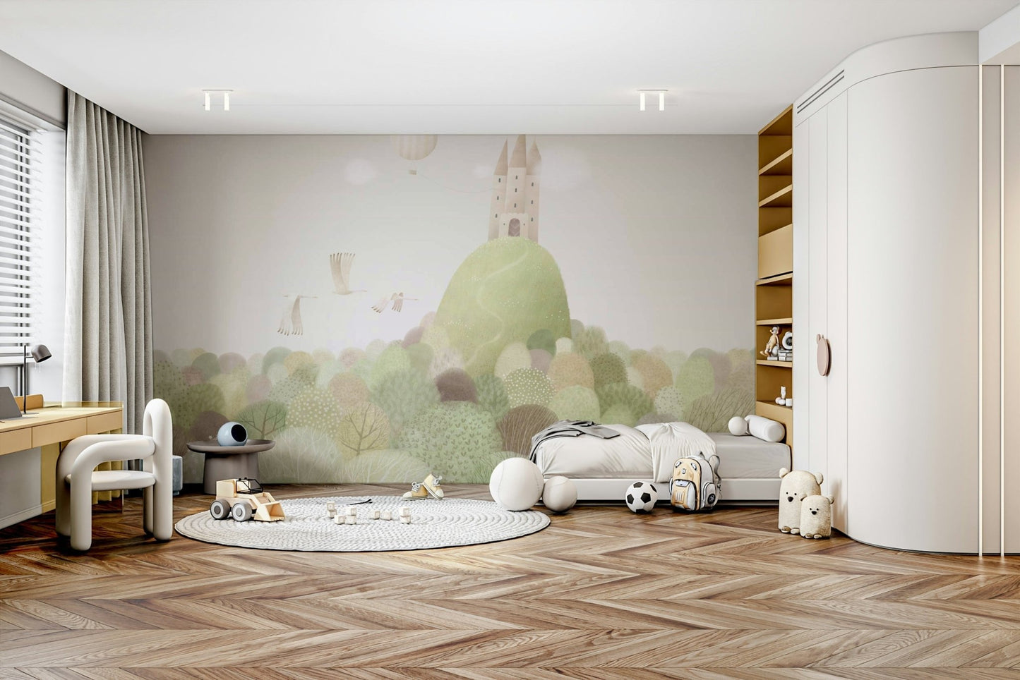 Whimsical deer and bear mural in a nursery setting.