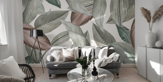 Gentle leaf patterns wallpaper mural in sage green and blush color.