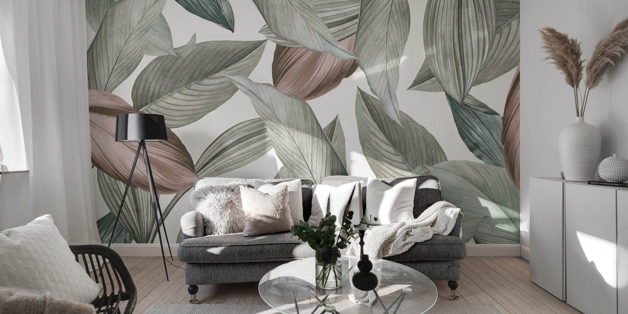 Gentle leaf patterns wallpaper mural in sage green and blush color.