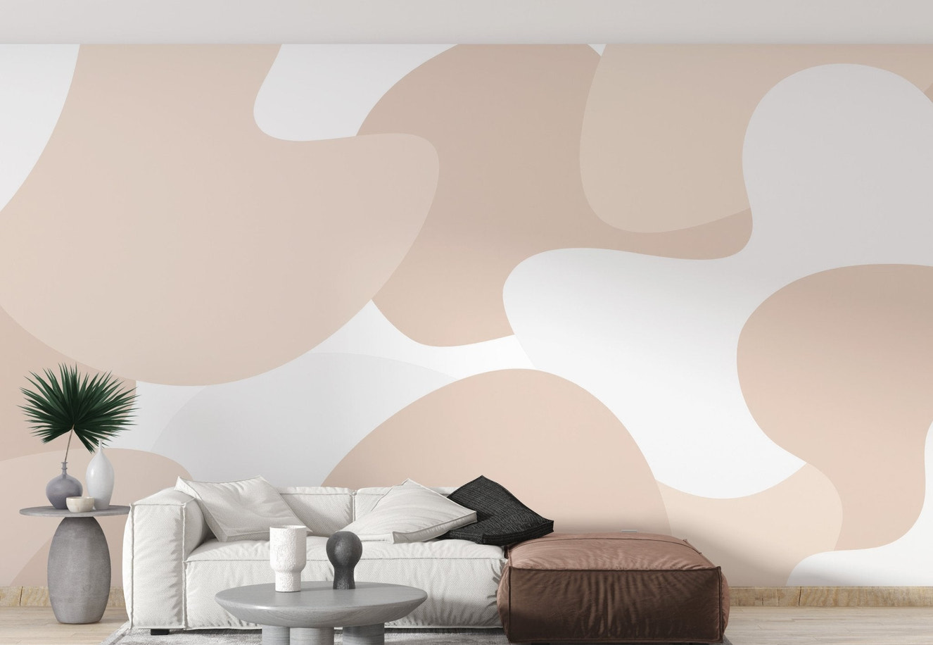 Organic waves shape abstract wallpaper mural in soft beige hues.