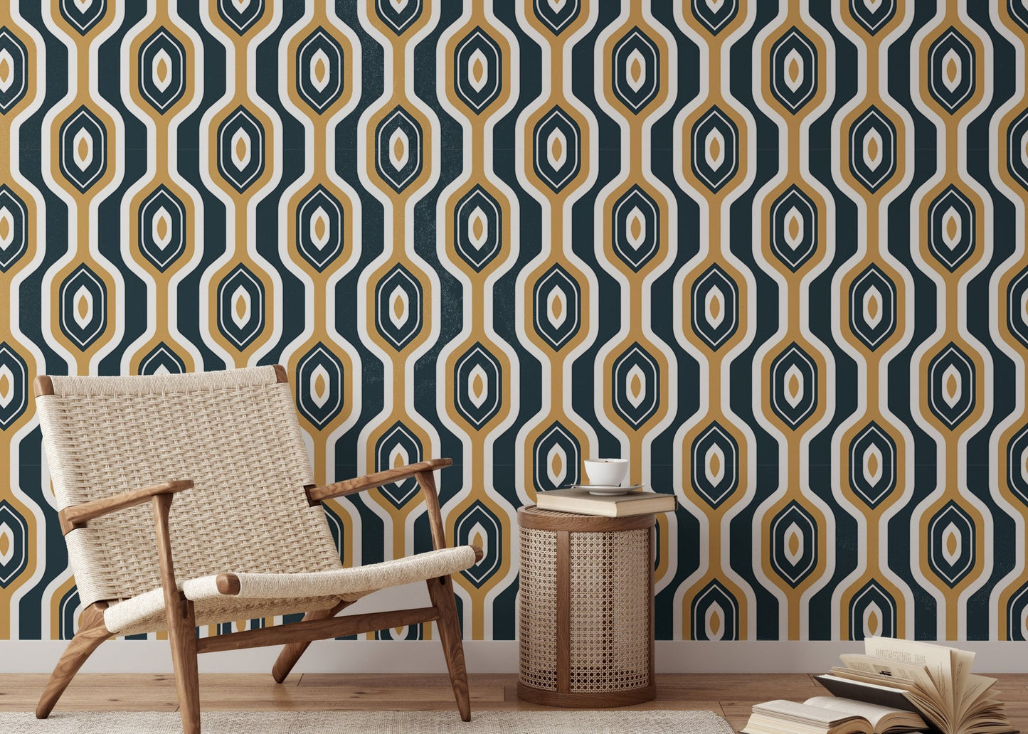 Hexagon and circle Deco pattern wallpaper for reading area.