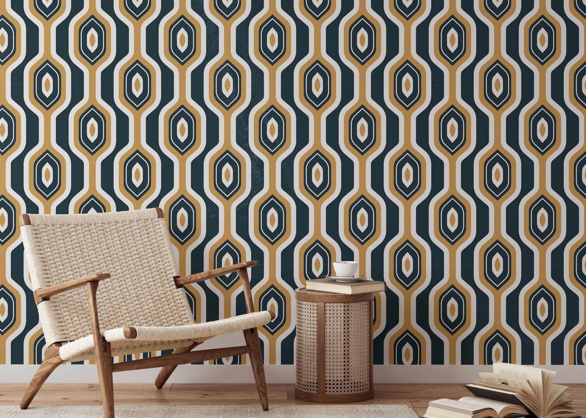 Hexagon and circle Deco pattern wallpaper for reading area.