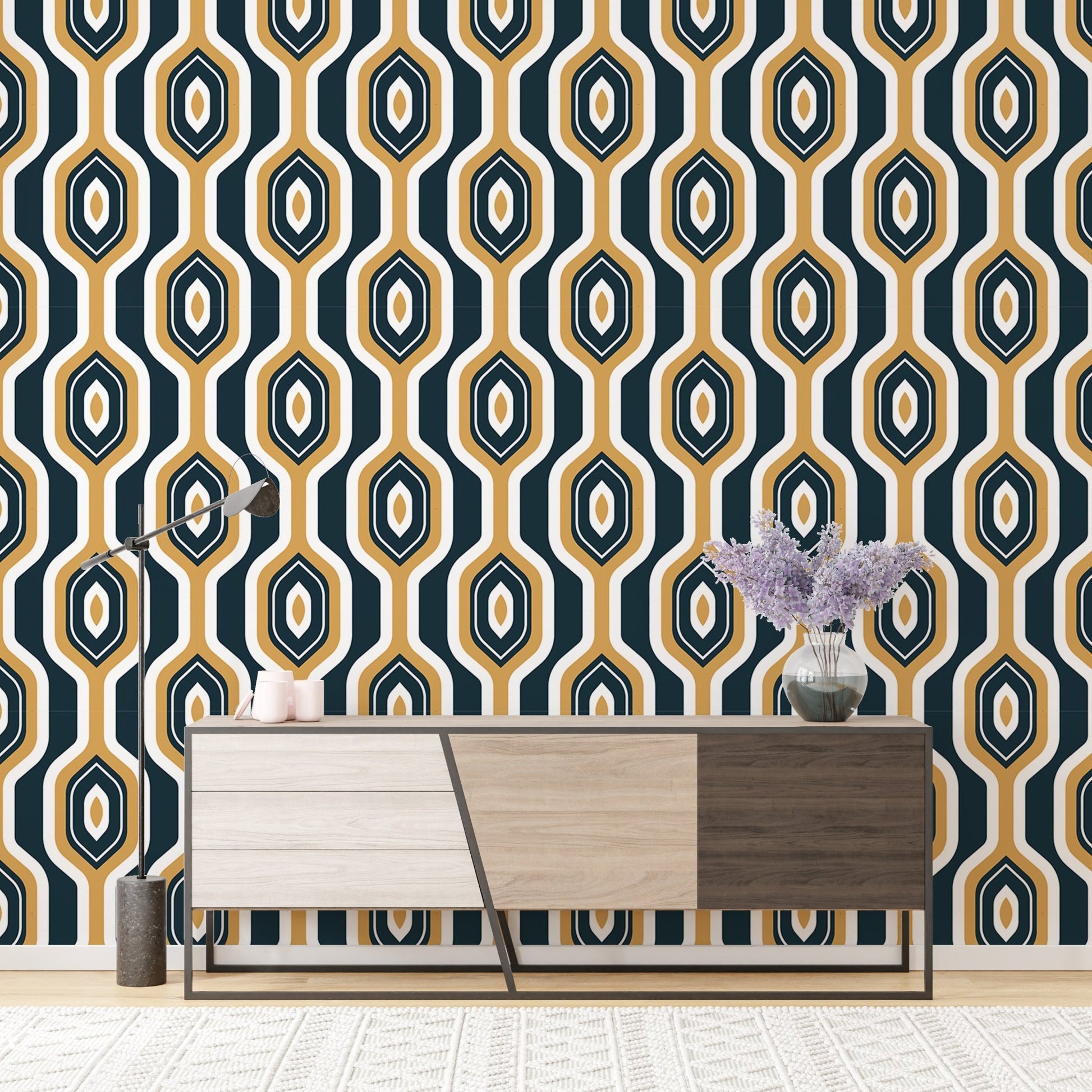Bold yellow mustard geometric Art Deco wallpaper for hallway.