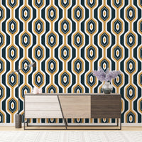 Bold yellow mustard geometric Art Deco wallpaper for hallway.
