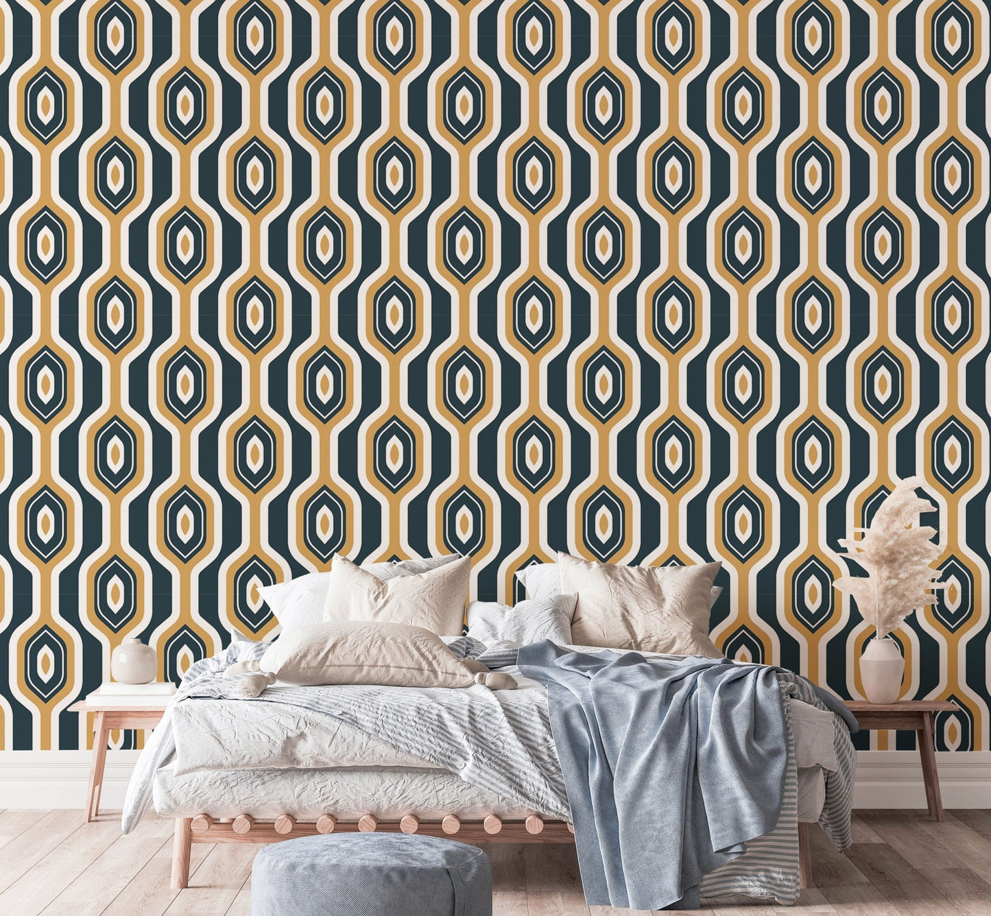 Artistic Deco geo circles and hexagon pattern wallpaper in bright bedroom.