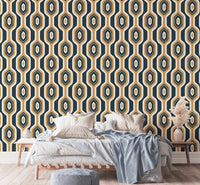 Artistic Deco geo circles and hexagon pattern wallpaper in bright bedroom.