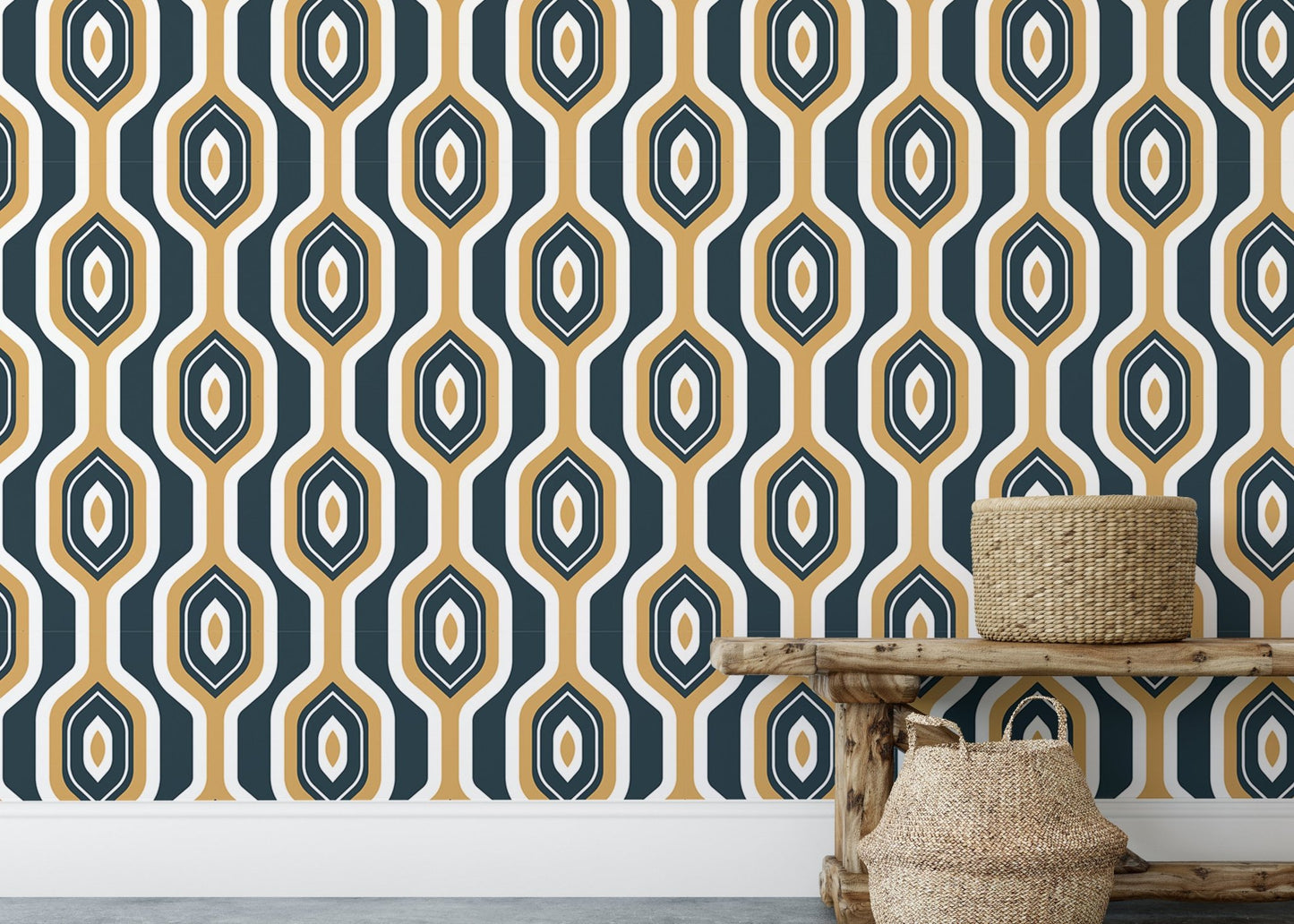 Yellow Deco wallpaper with geometric patterns behind wooden bench and basket.