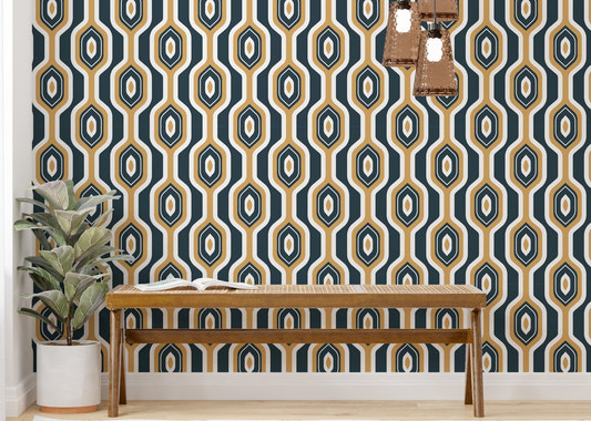 Mustard yellow Art Deco geo circles and hexagons wallpaper for study area.