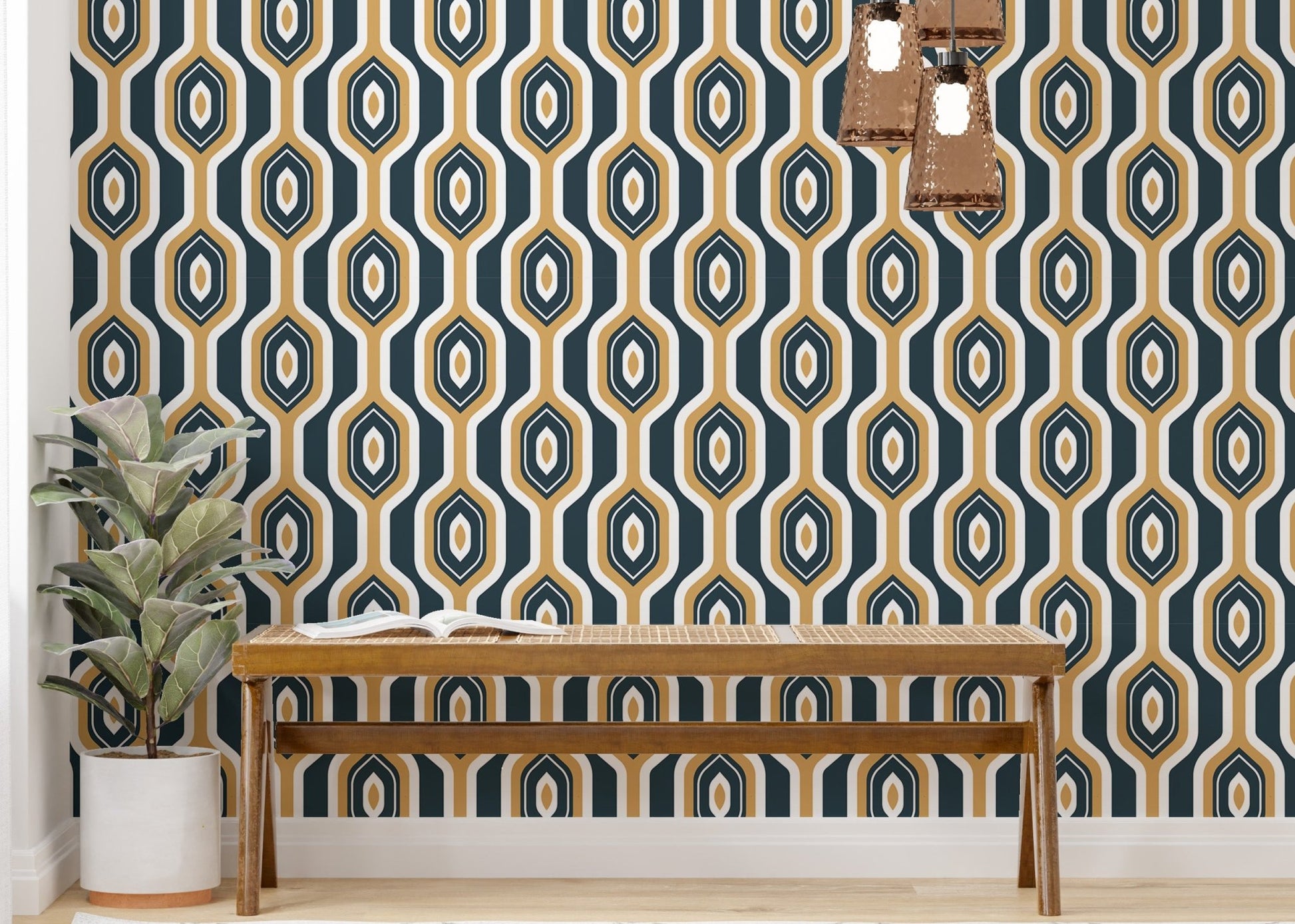 Mustard yellow Art Deco geo circles and hexagons wallpaper for study area.