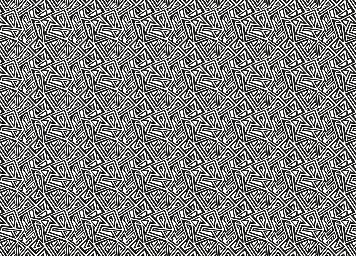 Black and White Monochrome Ancient Geometric Wallpaper in your room — zoomed