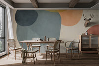 Vibrant abstract mural with geometric angles in modern dining room.