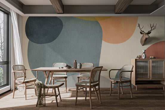 Vibrant abstract mural with geometric angles in modern dining room.