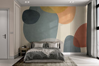 Modern geometric wall mural with clean lines in sunlit bedroom.