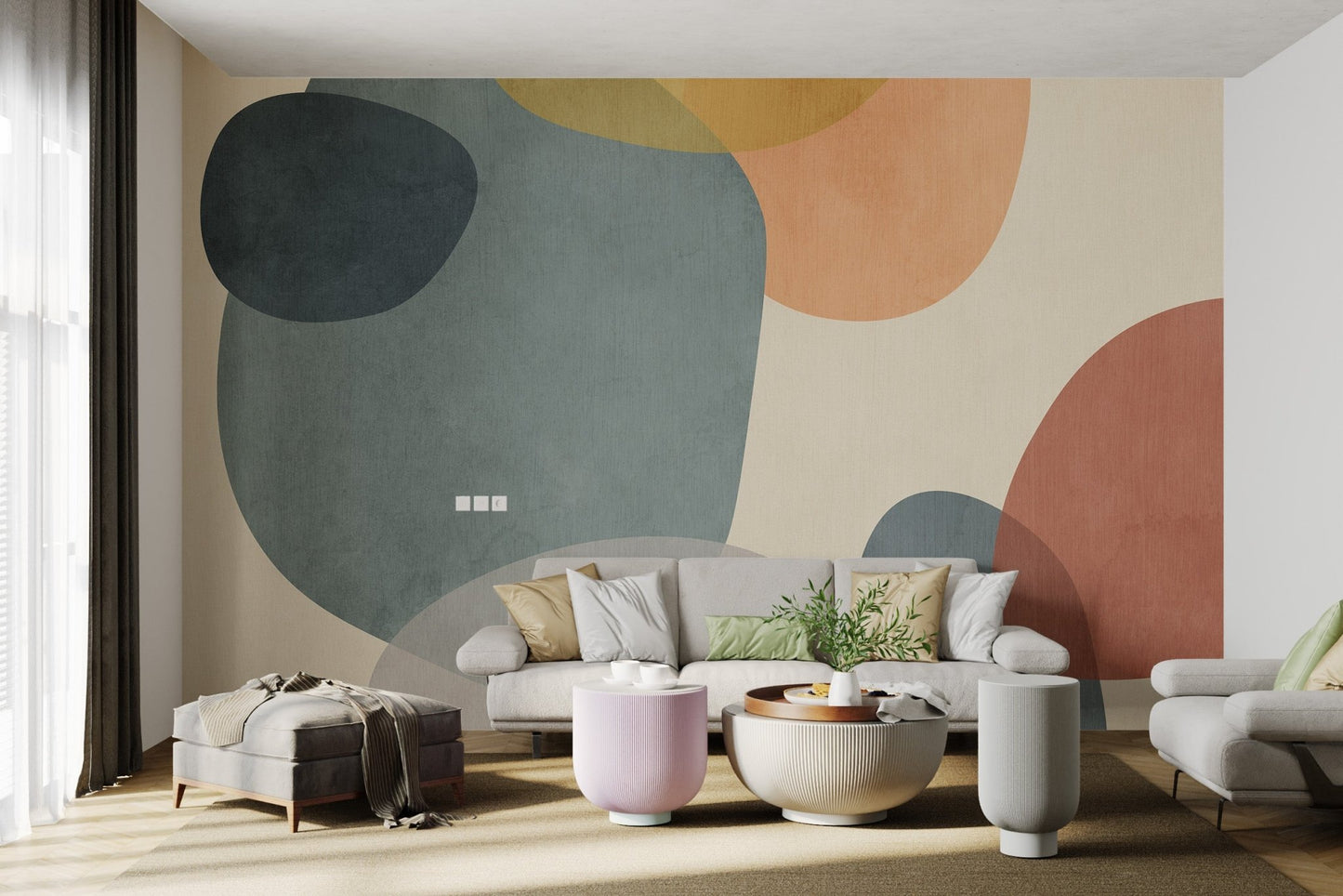 Geometric design wall mural in abstract style in bright living room.