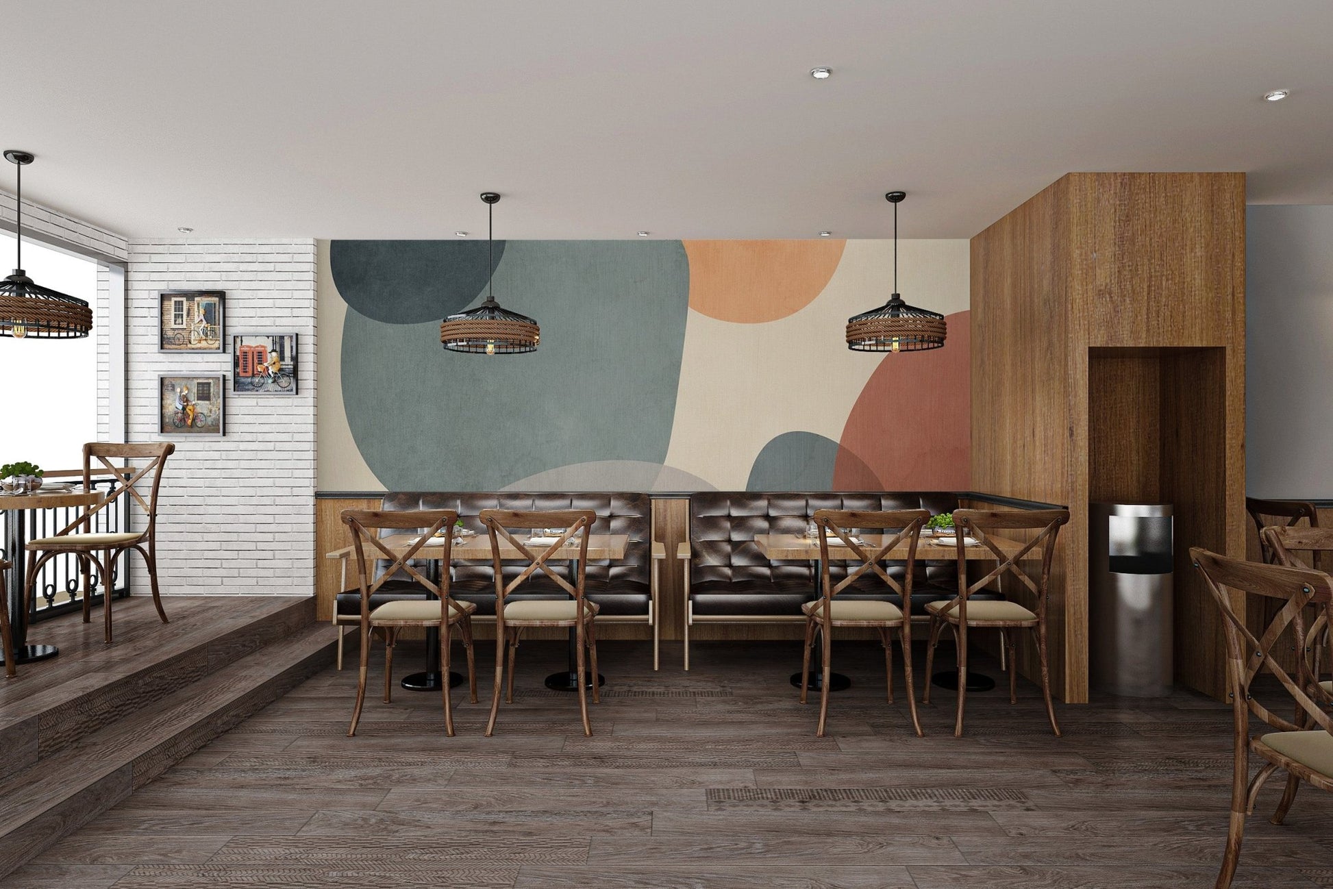 Abstract wall mural with sleek geometric shapes for cafe interior.
