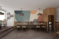 Abstract wall mural with sleek geometric shapes for cafe interior.