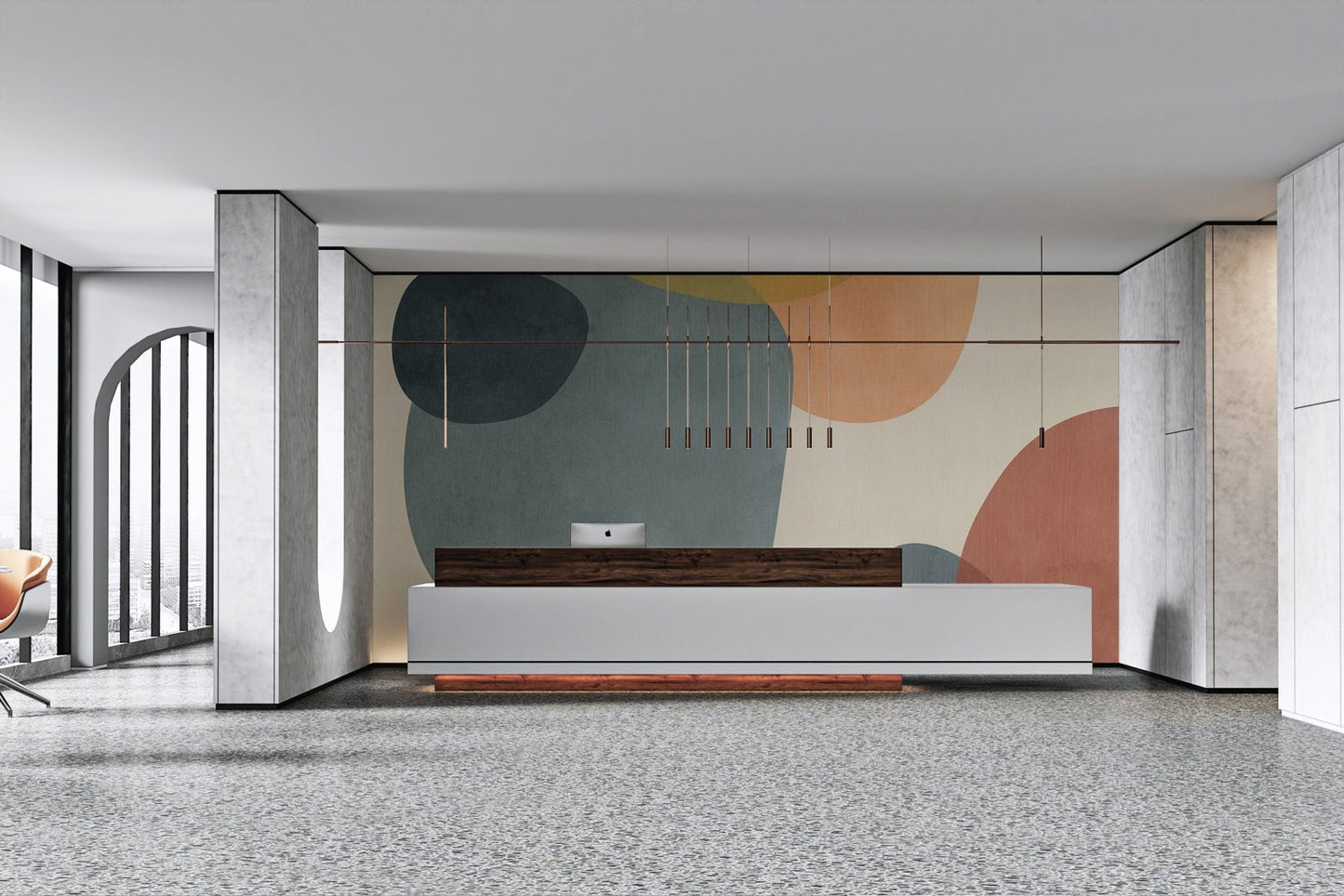 Abstract wall mural with geometric patterns in modern office.