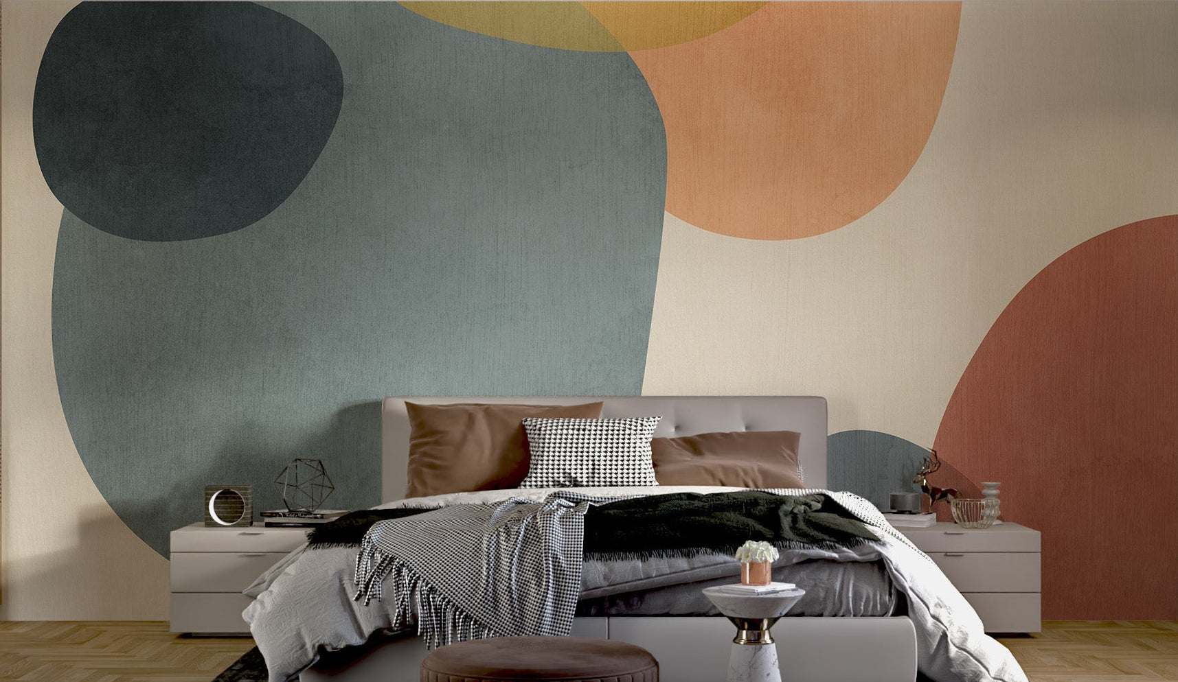 Geometric shapes form a bold abstract mural in master bedroom.