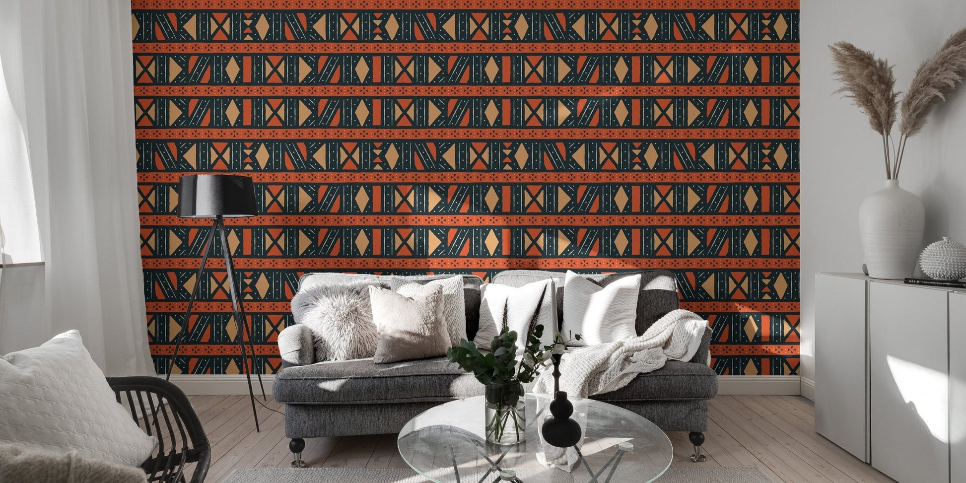 Geometric Africa Tribal Art Ethnic Seamless Pattern Wallpaper in a bright modern flat.