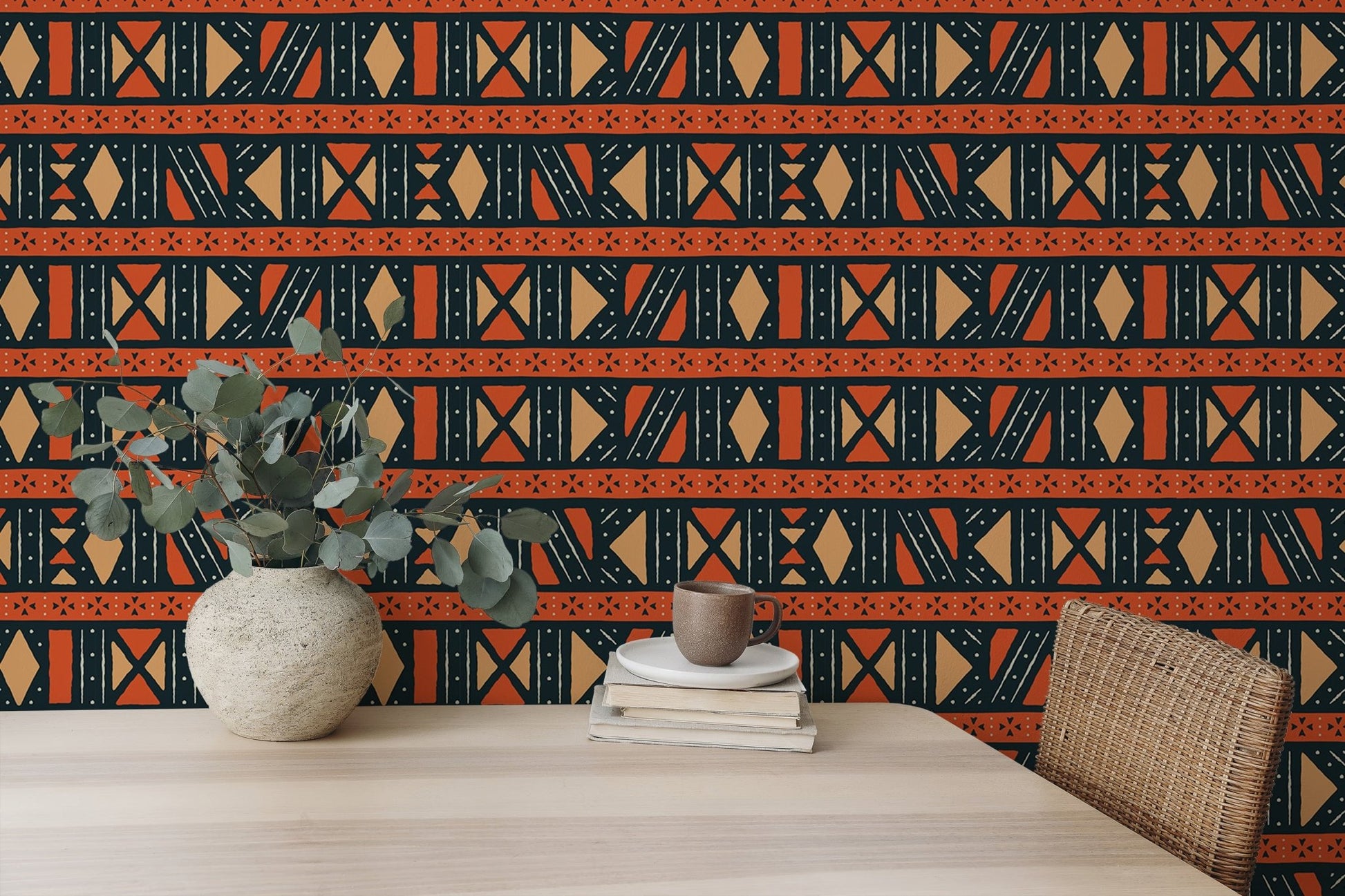 Geometric Africa Tribal Art Ethnic Seamless Pattern Wallpaper behind a light wood table.
