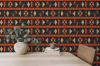 Geometric Africa Tribal Art Ethnic Seamless Pattern Wallpaper behind a light wood table.