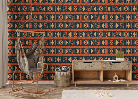 Geometric Africa Tribal Art Ethnic Seamless Pattern Wallpaper in kids room with a swing chair.