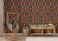 Geometric Africa Tribal Art Ethnic Seamless Pattern Wallpaper in kids room with a swing chair.