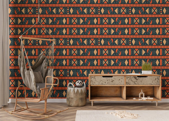 Geometric Africa Tribal Art Ethnic Seamless Pattern Wallpaper in kids room with a swing chair.