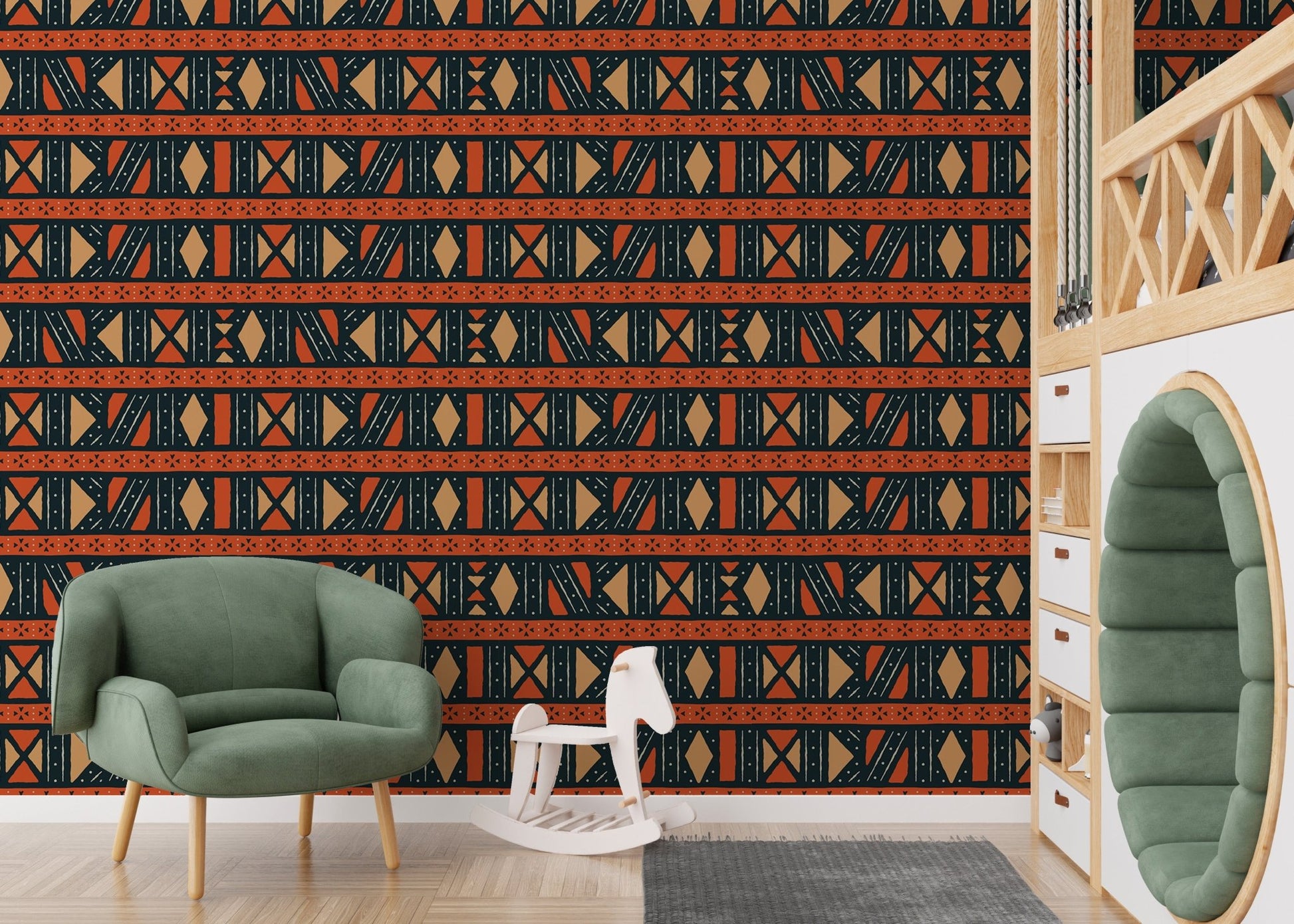 Geometric Africa Tribal Art Ethnic Seamless Pattern Wallpaper in a playroom with a green chair.