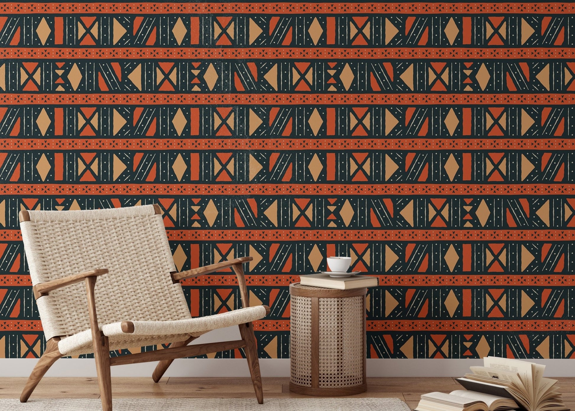 Ethnic pattern wallpaper in reading area featuring a mid-century armchair and side table.