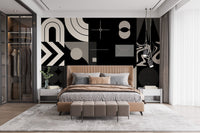 Geometric office wall mural with bold patterns
