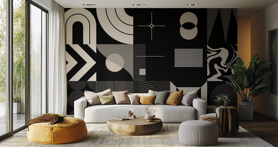 Geometric wall mural featuring bold black background design.