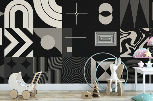 Geometric elegance office wall mural with black and beige pattern for nursery.