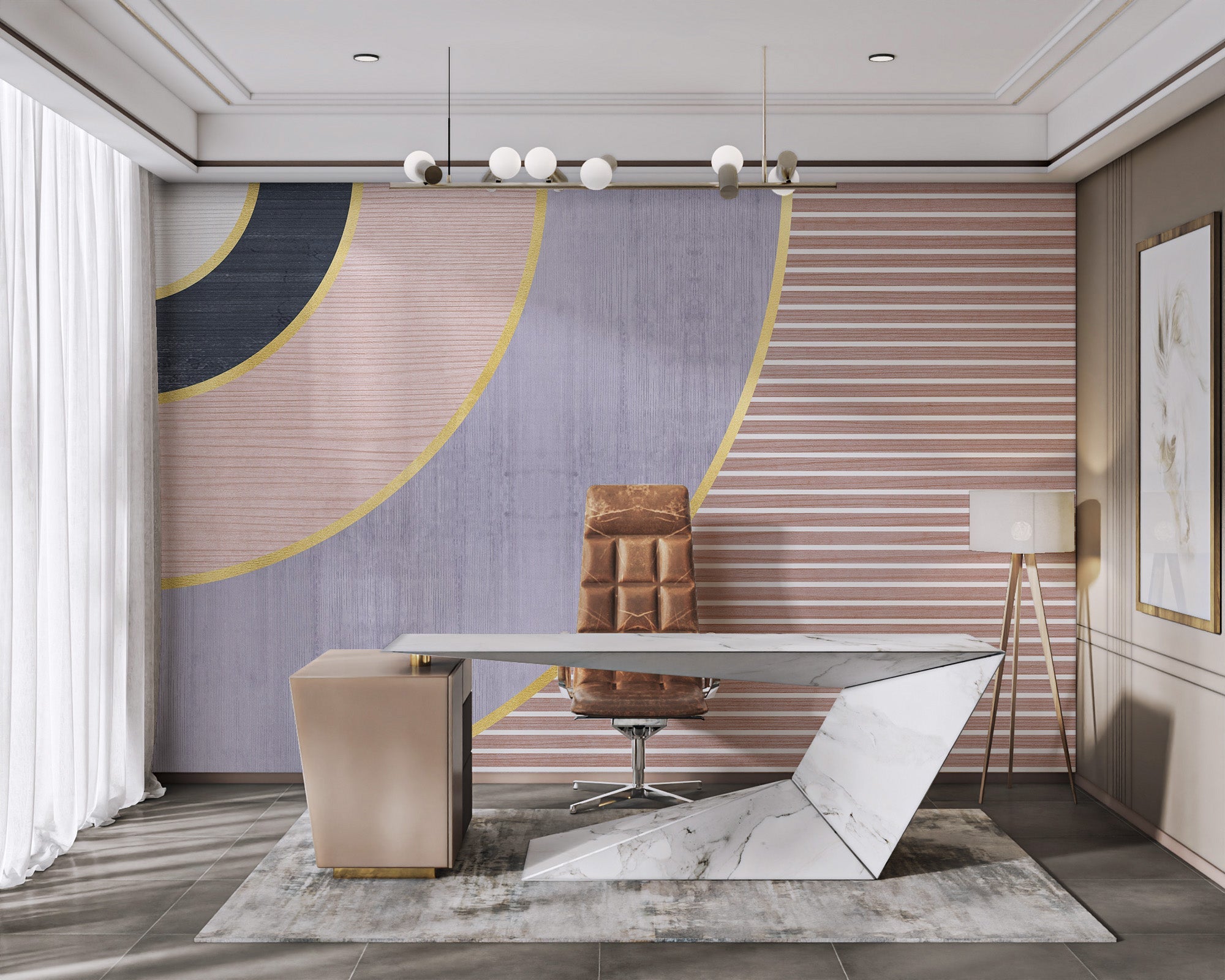 Geometric gold accent wallpaper with lavender and pink semicircles.