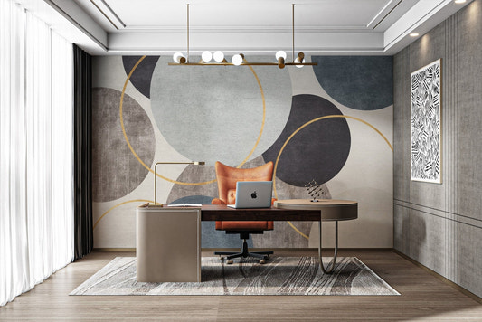 Geometric gold circle pattern wallpaper with navy and grey tones.