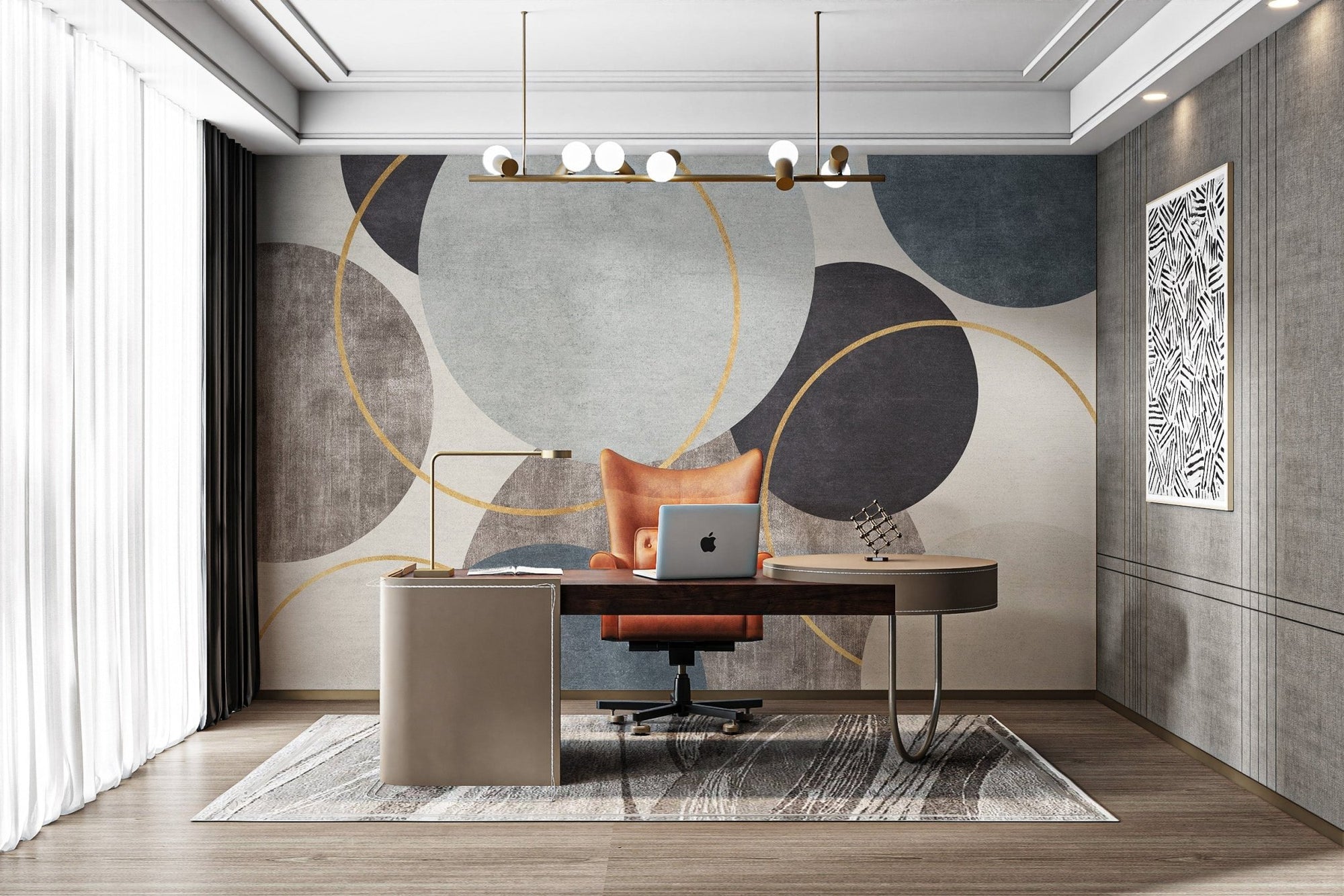 Geometric gold circle pattern wallpaper with navy and grey tones.