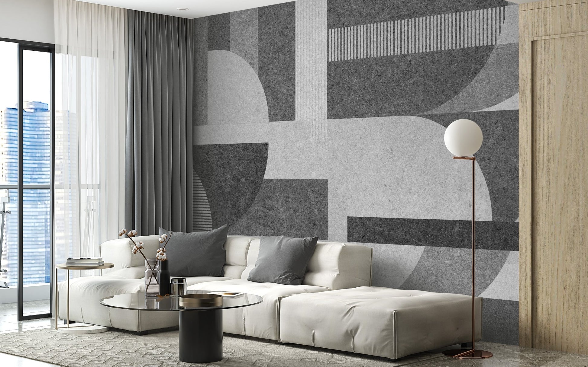 Geometric gray grunge tile mural for modern industrial decor in living area.
