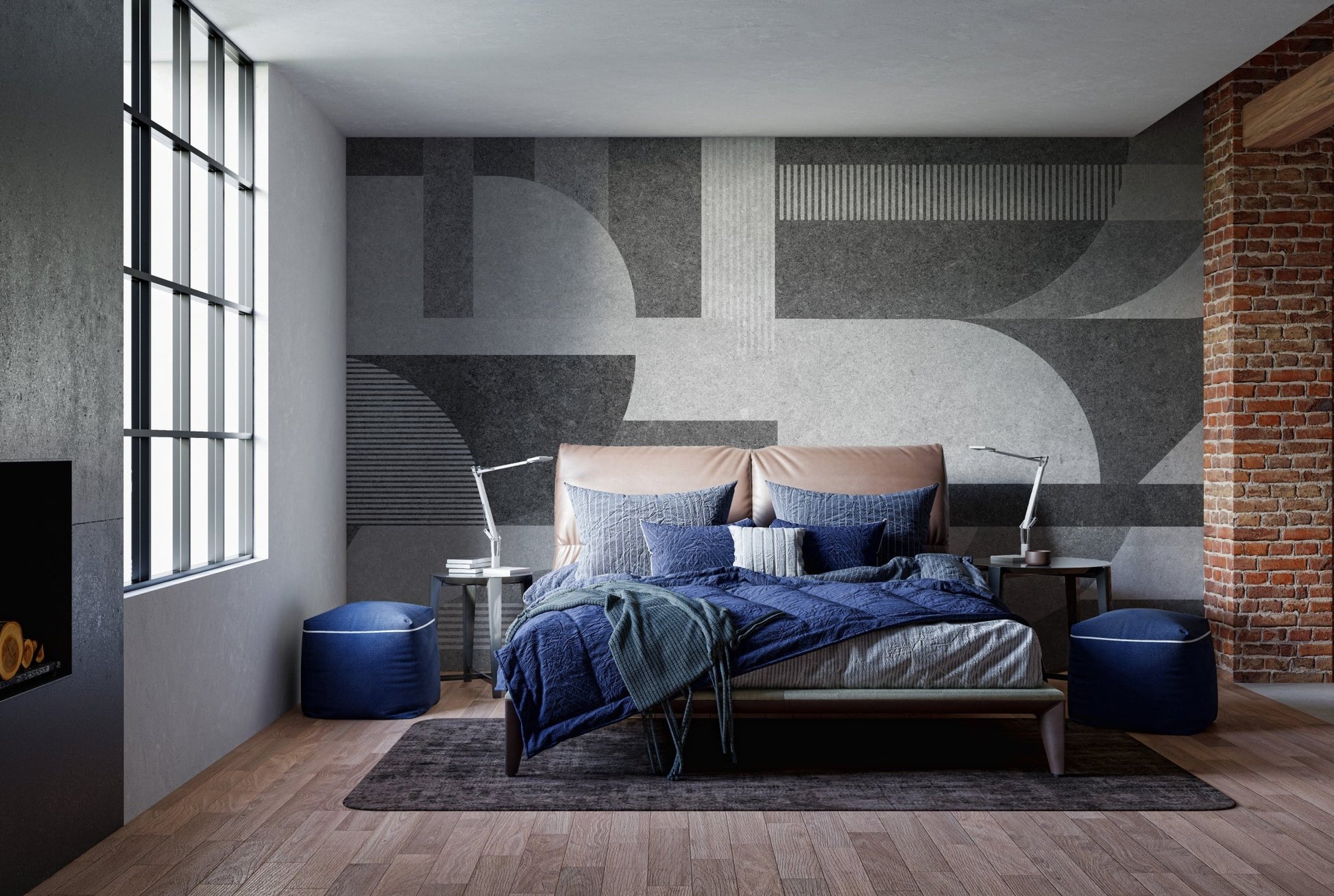Gray grunge geometric tile mural for contemporary bedroom interiors.
