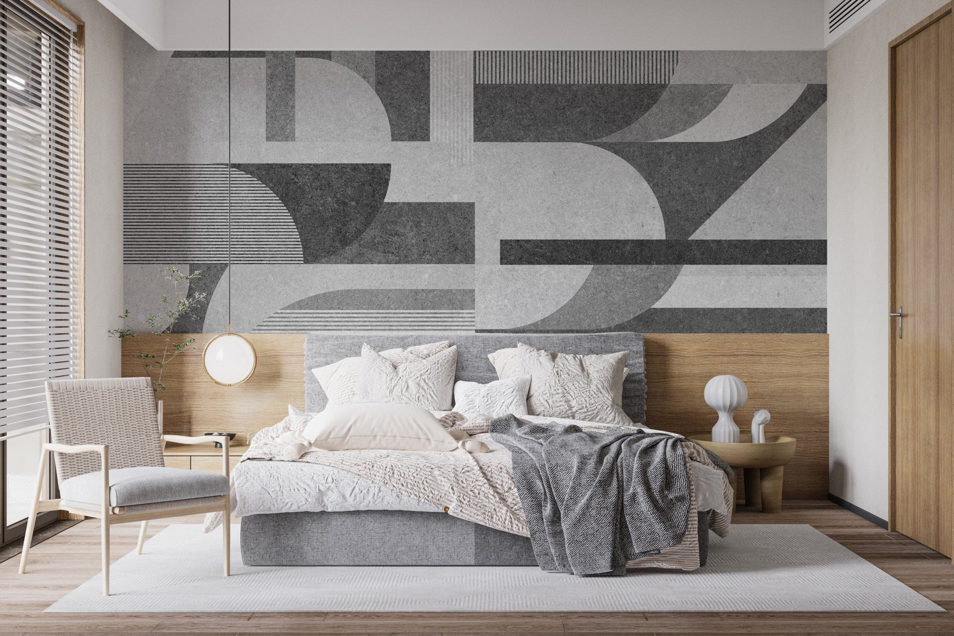 Gray geometric tile mural adding a modern grunge touch in bright bedroom.
