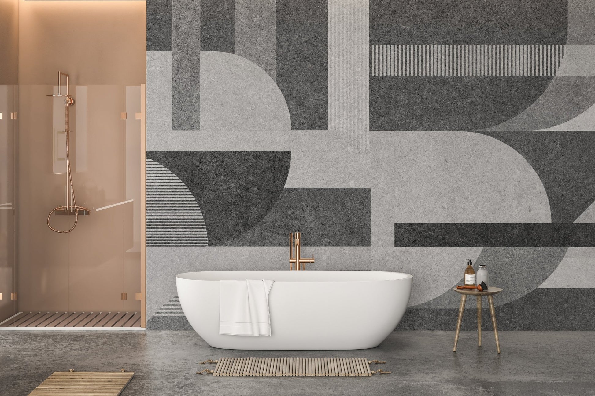 Grunge-inspired gray geometric tile design wall mural in bathroom.
