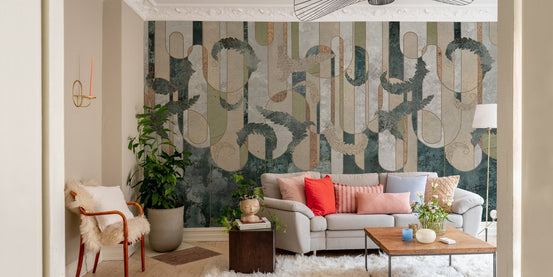Living room setting with a grey sofa and Geometric Greenery A Concrete Oasis Murals.