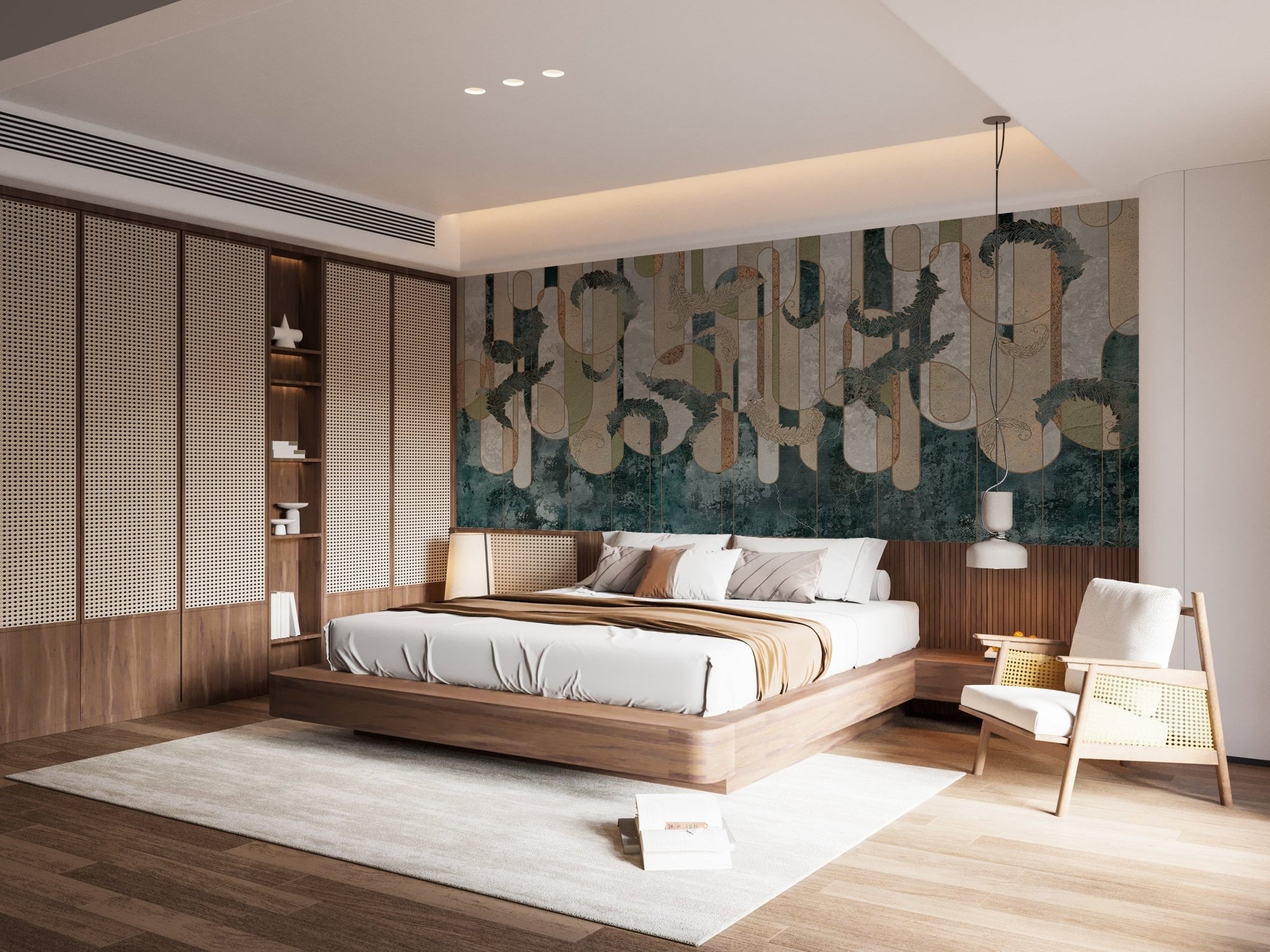 Geometric Greenery A Concrete Oasis Murals in a modern bedroom with wooden furniture.