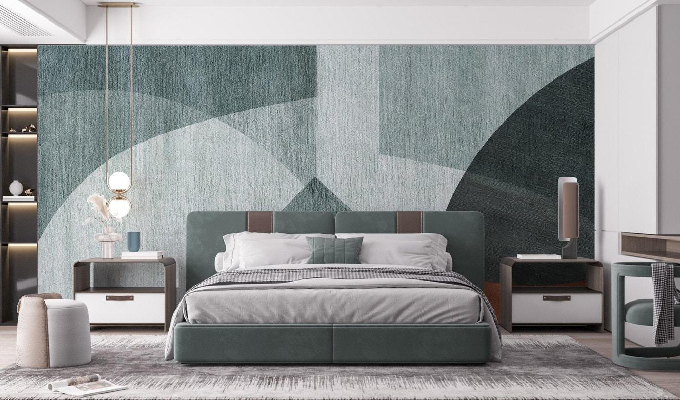Geometric harmony wall mural in sage and rust tones.