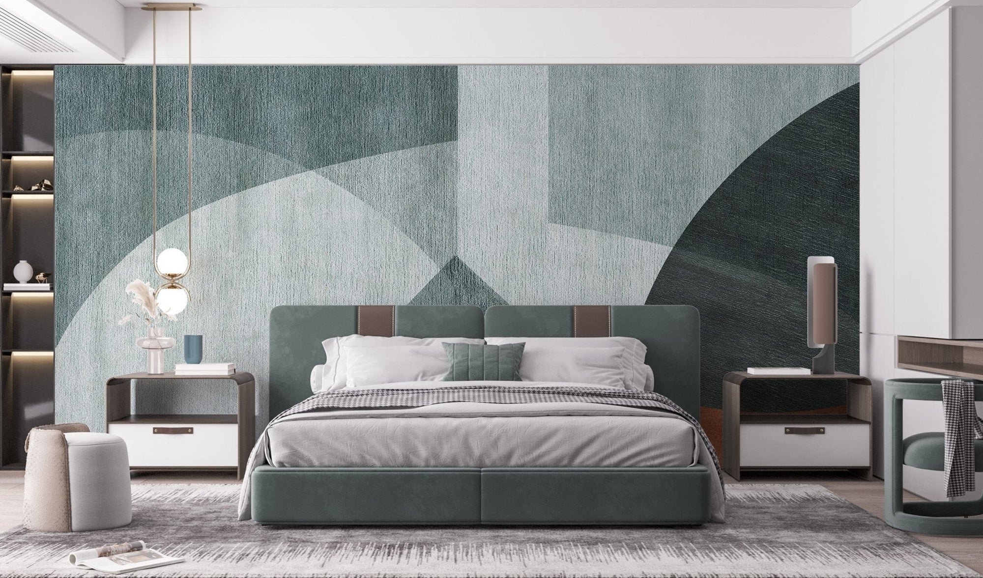 Geometric harmony wall mural in sage and rust tones for bedroom interior.