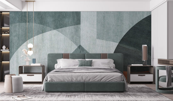 Geometric harmony wall mural in sage and rust tones for bedroom interior.