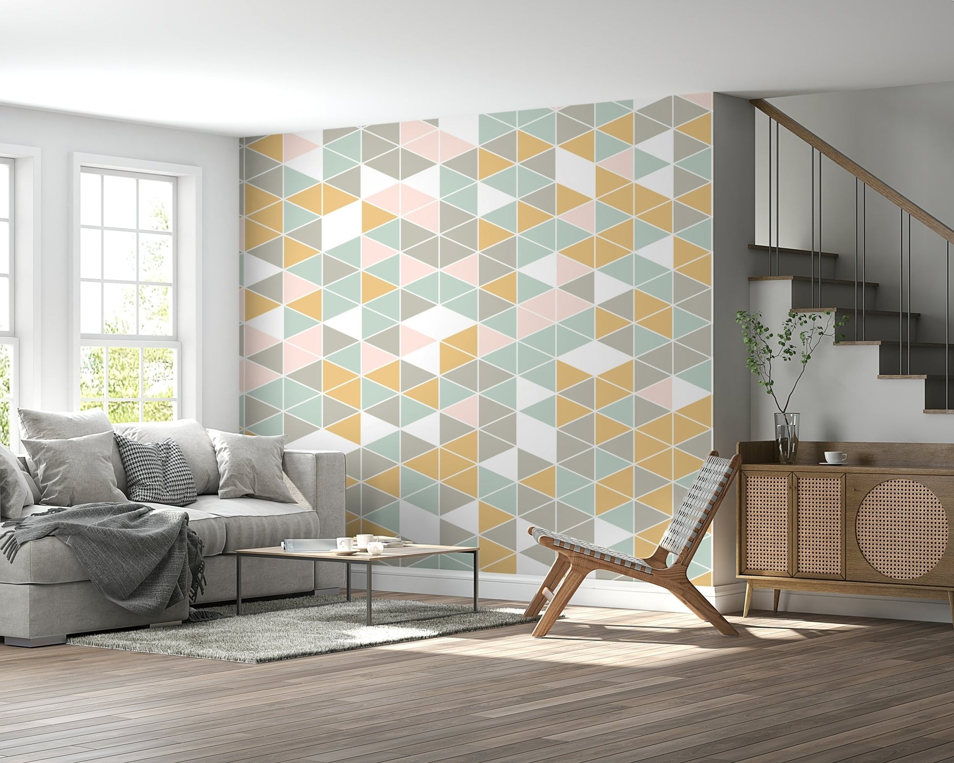 Muted yellow geometric wallpaper in a wall