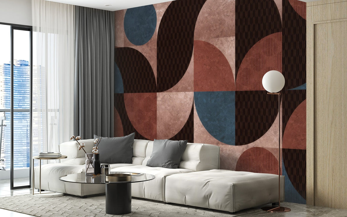 Geometric harmony wallpaper mural with circular earth tone pattern.