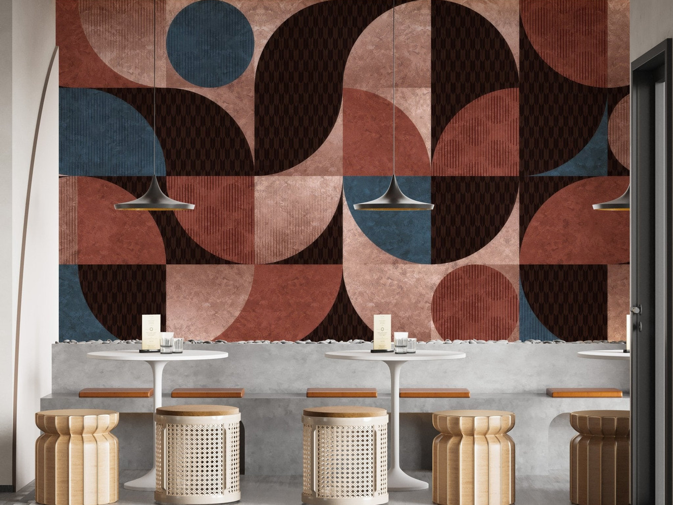 Modern wallpaper mural with overlapping circular segments.